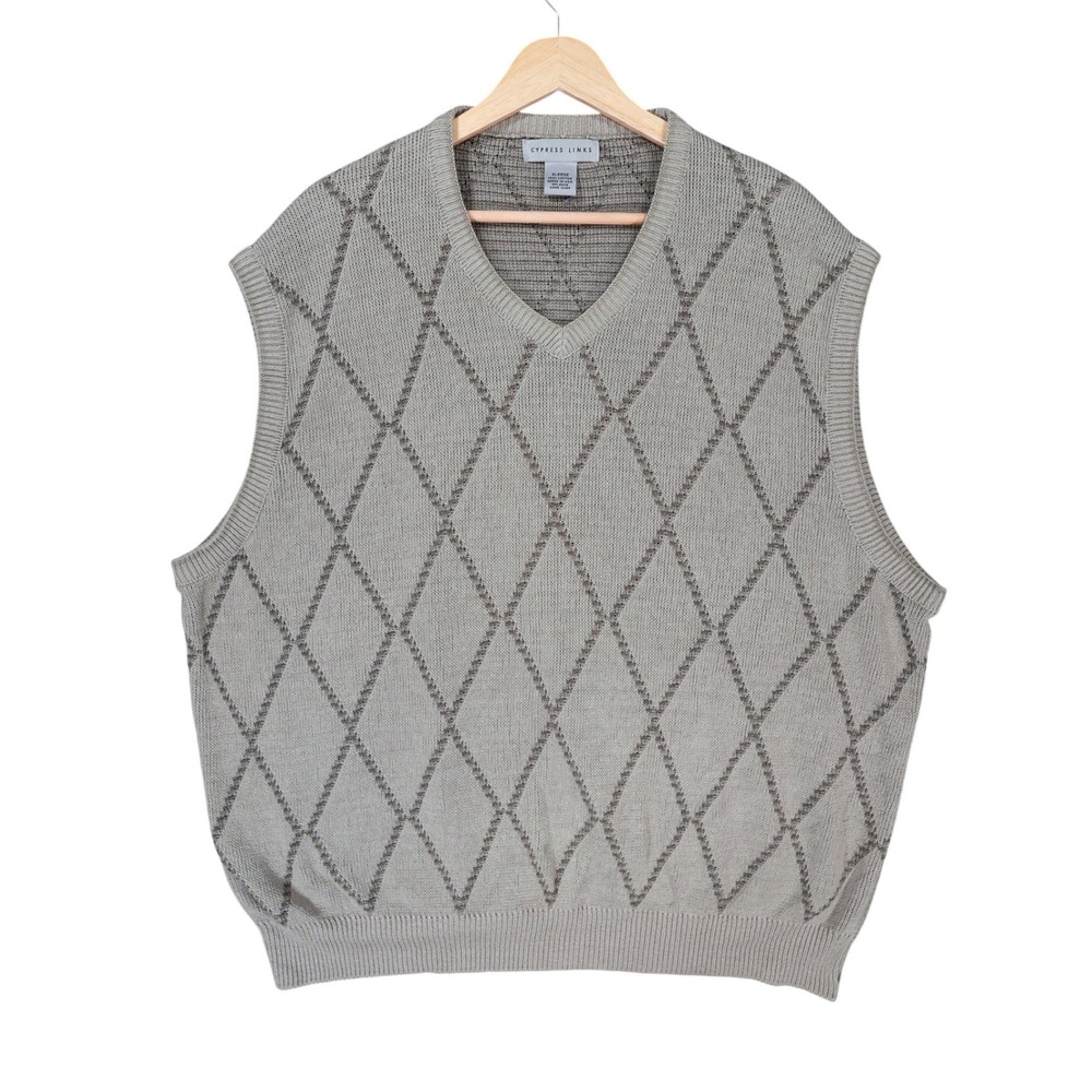 Cypress Links Sweater Vest Mens XL Tan Cotton Argyle Golf Knit Sleeveless V-Neck
